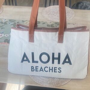 Canvas Aloha Beaches Tote Bag with Brown Leather Trim